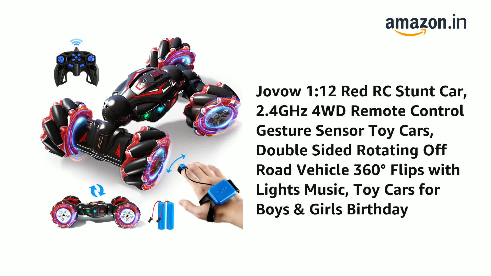 Jovow 1:12 Red RC Stunt Car, 2.4GHz 4WD Remote Control