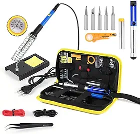 Kit de Solda Elétrica Profissional, 60W 220V, 14 Peças, Soldagem para Componentes Eletrônicos, Suporte, Sugador, Estanho e Acessórios em Estojo