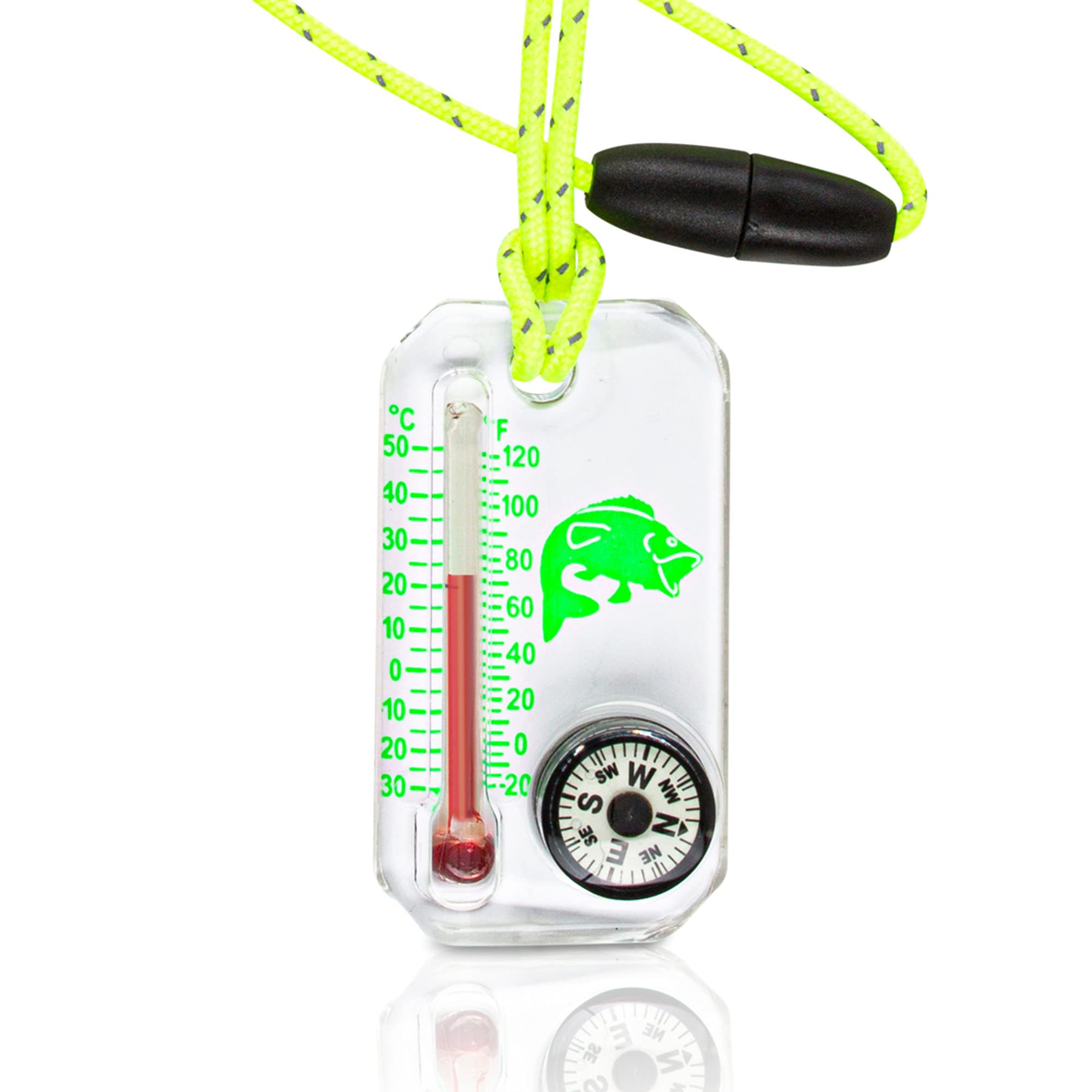 Sun Company Wildlife Therm-o-Compass - Thermometer and Compass for Kids with UV Exposure Decal | Reflective Lanyard and Fun Animal Designs | Camping and Hiking Accessory for Children (Green Bass)