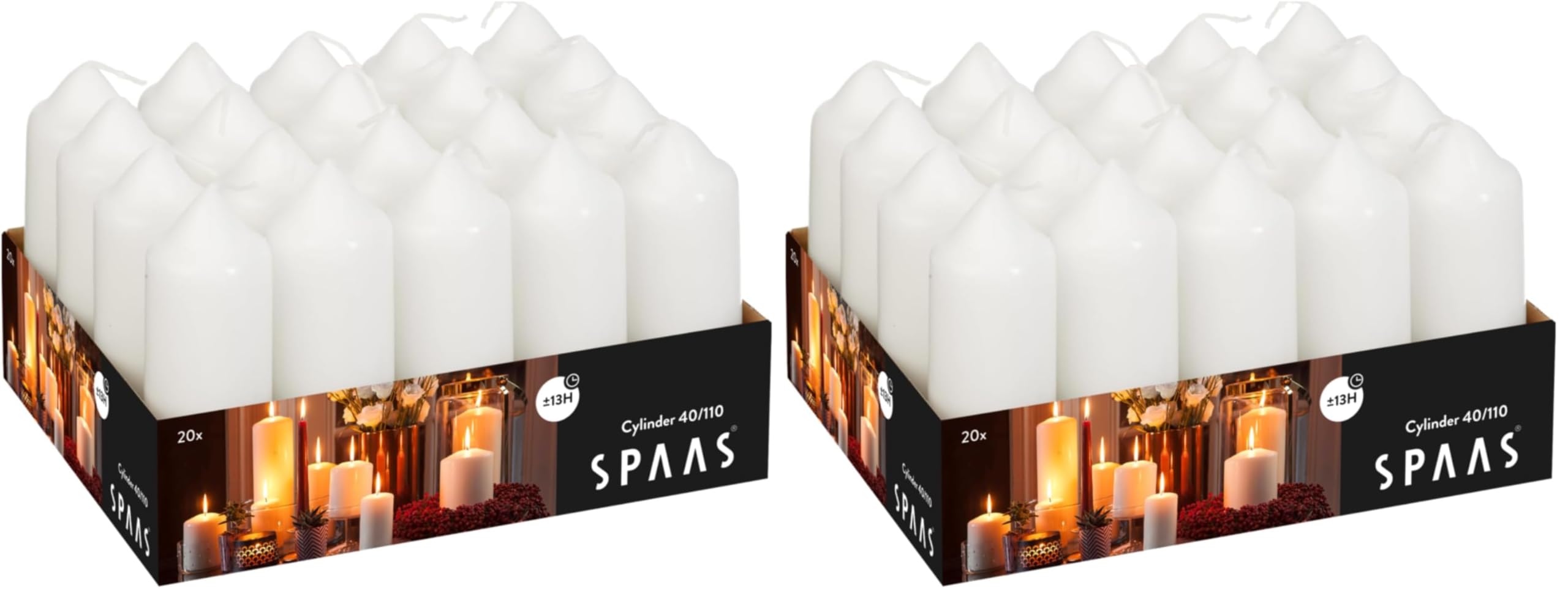 SPAAS 20er-Pack Stumpenkerzen 38/110 mm, ± 13 Stunden, ohne Duft - weiß (Packung mit 2)