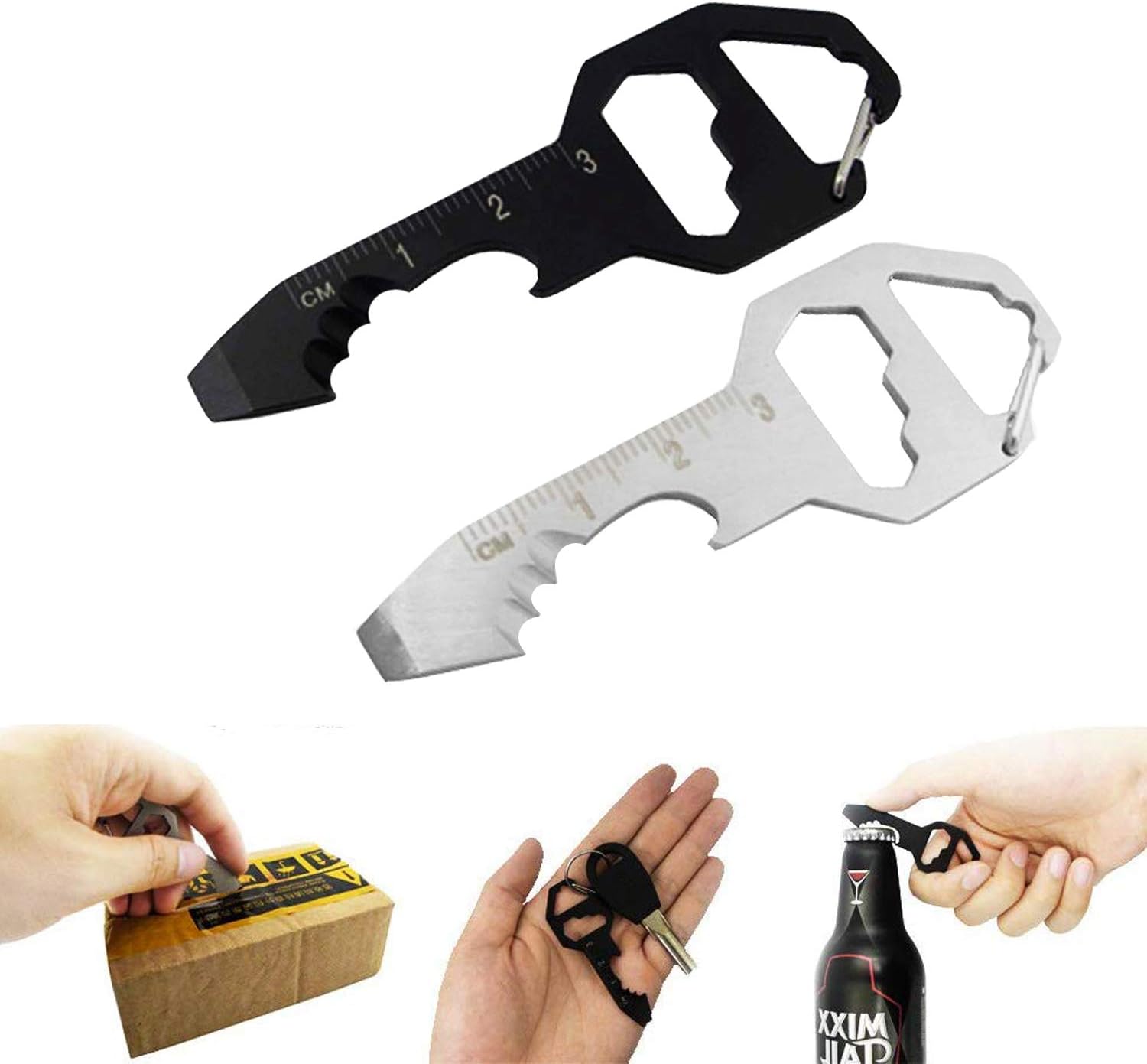 2PCS Keychain Bottle Opener Multi Tool, 100% Stainless Steel EDC Gadget, 6 Tools in 1 [Bottle Opener, Wrench, Screw Driver, Metric Ruler,Cord Cutter] Universal Everyday Carry Pocket and Backpack Tool