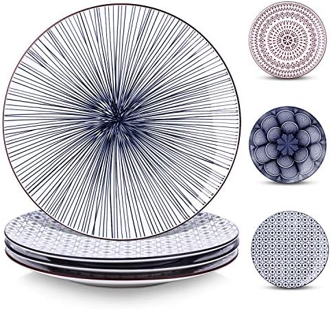 Y YHY 10“ Ceramic Plates, Porcelain Dinner Plates Set of 4 for Salad, Pasta, Appetizer, Dessert - 4 Pattern for Thanksgiving & Christmas, Dishwasher & Microwave Safe