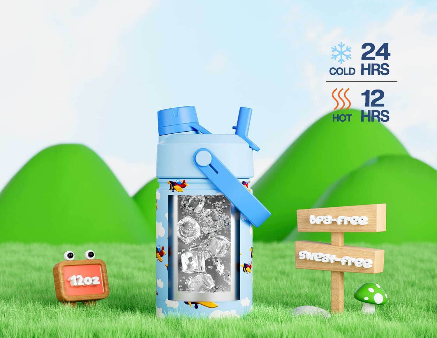 POWCAN 2 Pack 12 oz Kids Insulated Water Bottle for School: Leakproof, 2-in-1 Straw Spout Lid, BPA-Free, Keep Cold 24 Hrs, Stainless Steel Cup for Sports, Travel, Gift for Girls Boys Daughters Sons - Image 3