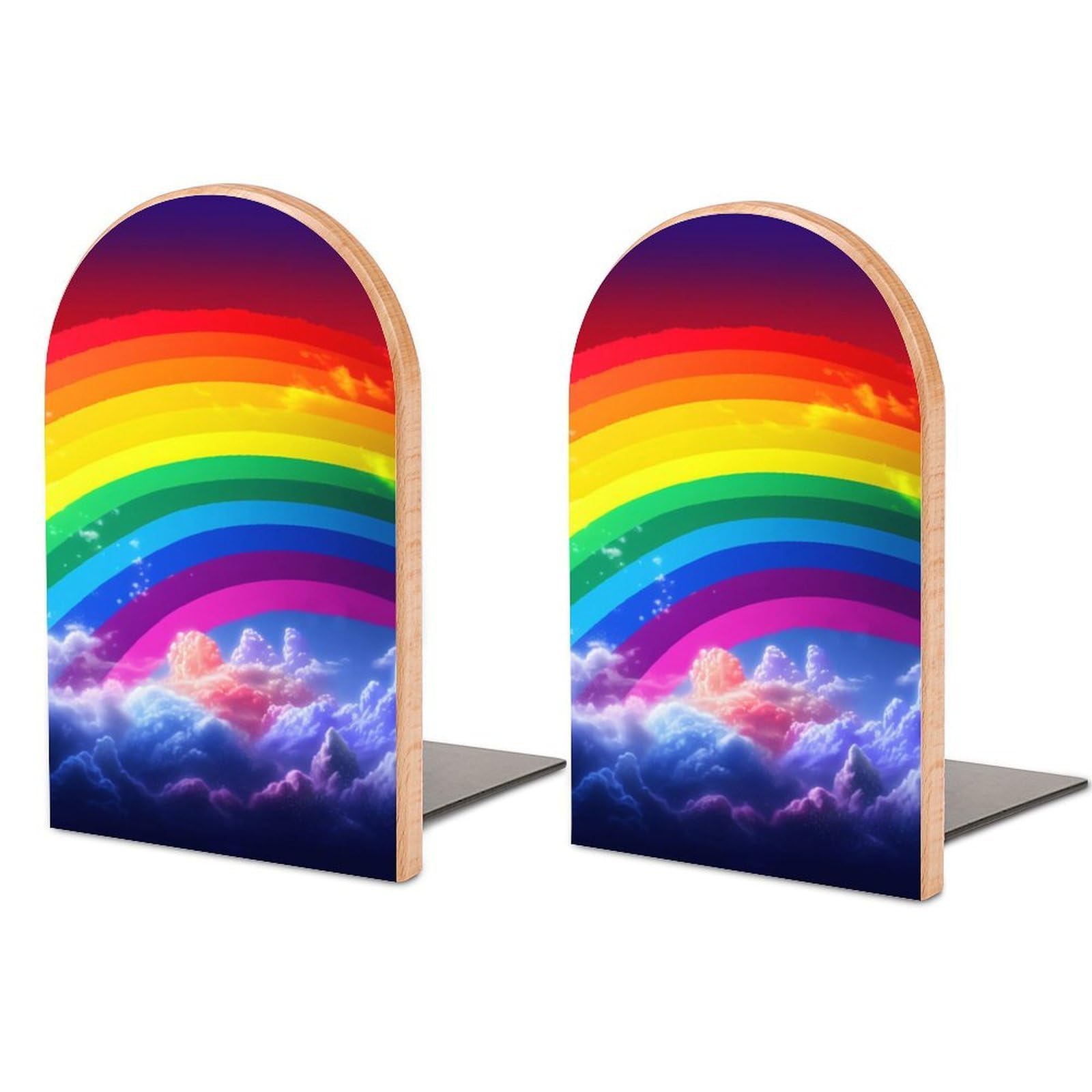 Beech Wood Book Ends Rainbow Printed Bookend for Shelves Home Decorative Bookends for Heavy Books for Office Bookshelves
