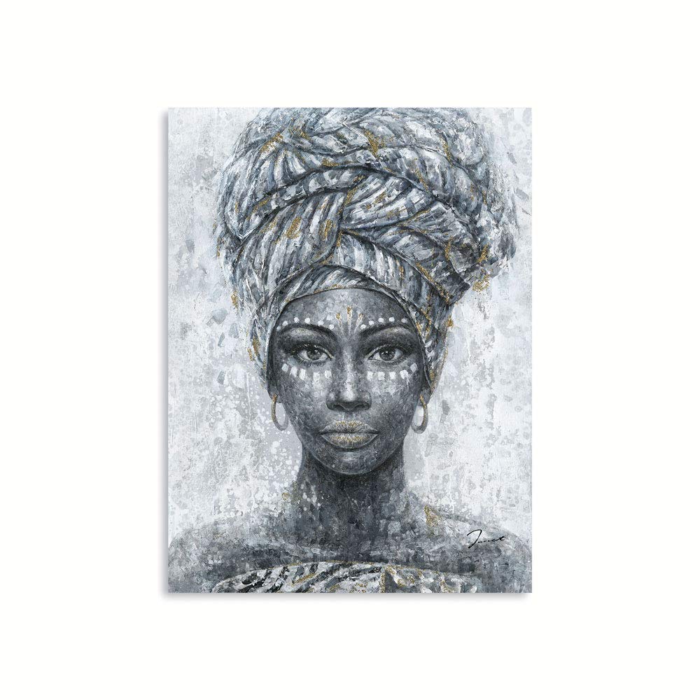 B BLINGBLING African American Woman Wall Art: Black Girl in Headdress Painting Grey and White Native American Wall Decor Canvas Prints for Living Room Bedroom Modern Home Decorations 24"x32"