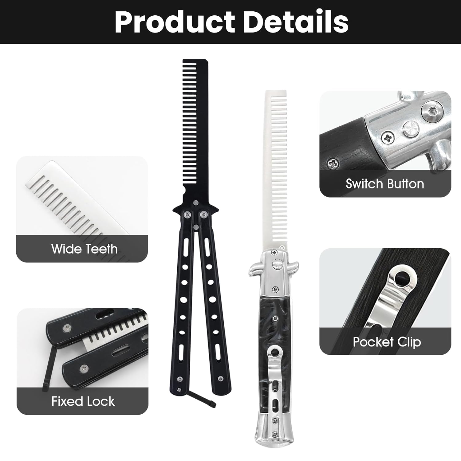 2 Pieces Black Folding Combs, Stainless Steel Automatic Butterfly Comb, Pocket Comb for Hair & Beard Styling