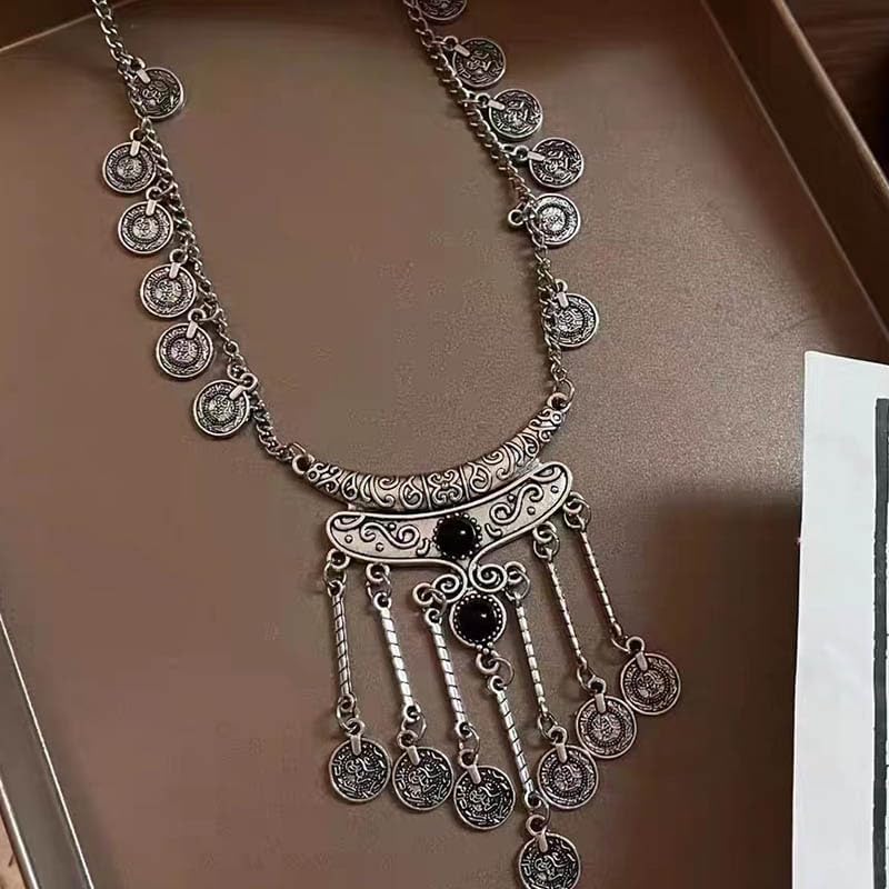 Bohemian Indian Engraved Coin Tassel Ancient Silver Collar Necklace for Women Retro Ethnic Black Gemstone Coins Pendant Tribal Vintage Choker Statement Boho Gypsy Costume Accessories - Image 5