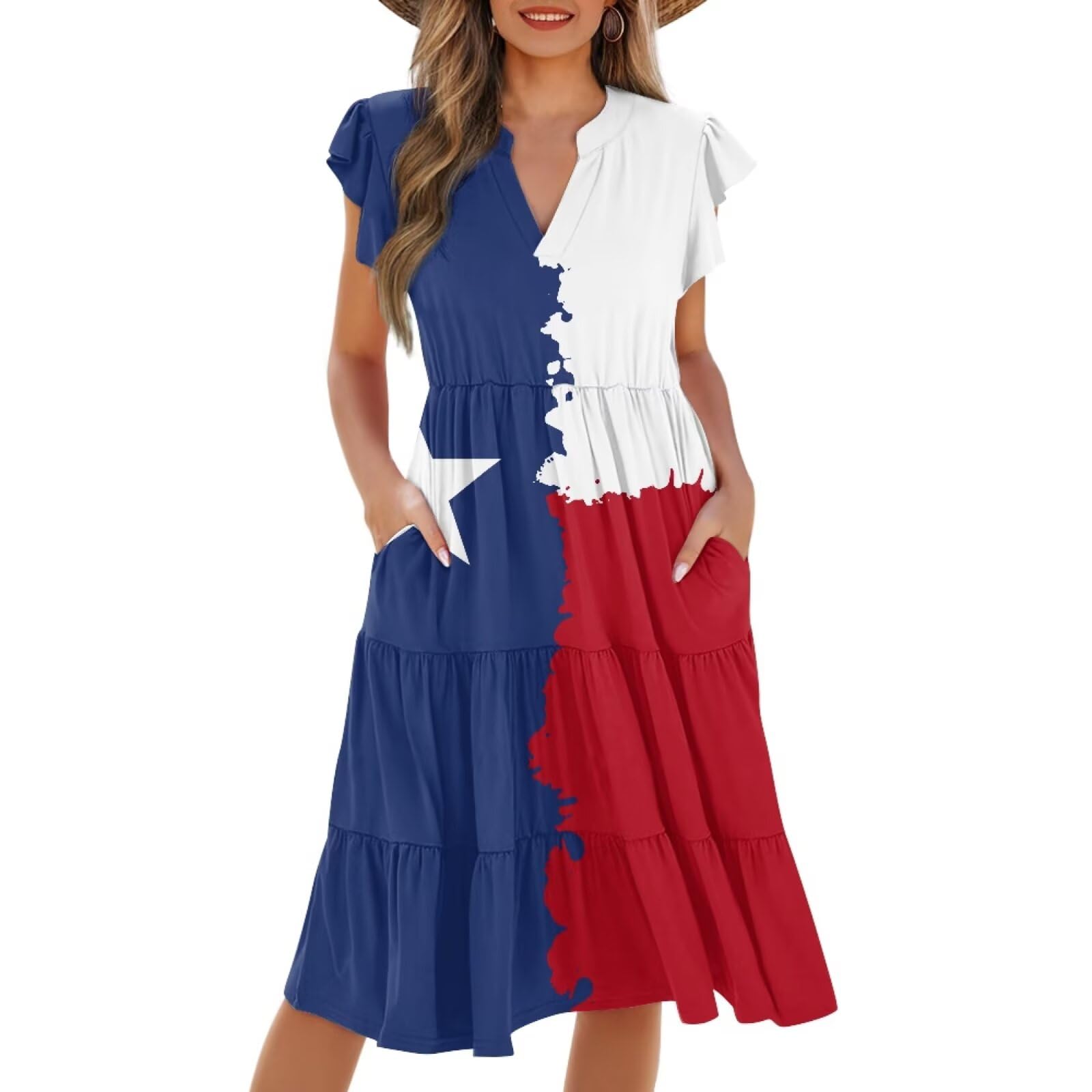 Womens Summer Dress Ruffle Sleeve V Neck Dress Casual Fit Flowy Beach Vacation Sundress with Pocket S-2XL