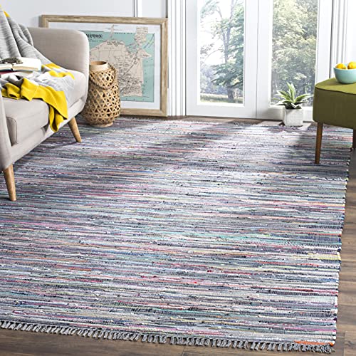 SAFAVIEH Rag Rug Collection Area Rug - 6' x 9', Aqua & Multi, Handmade Boho Stripe Cotton, Ideal for High Traffic Areas in Living Room, Bedroom (RAR121K)