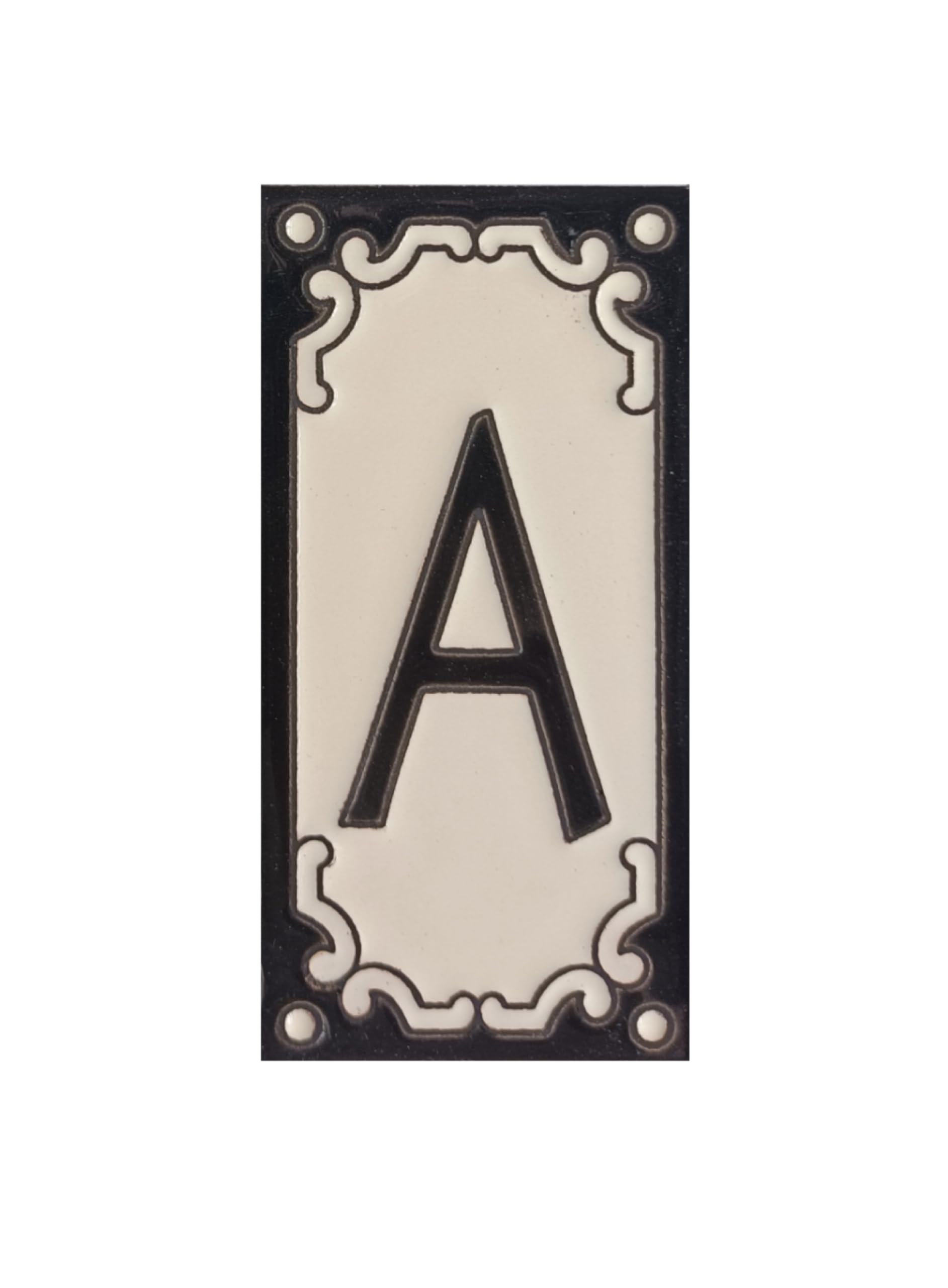 Jacho Black Hand-Painted Number and Letter Tiles 11 x 5.5 cm with Optional Metal Filigree Frames (Letter A Tile)