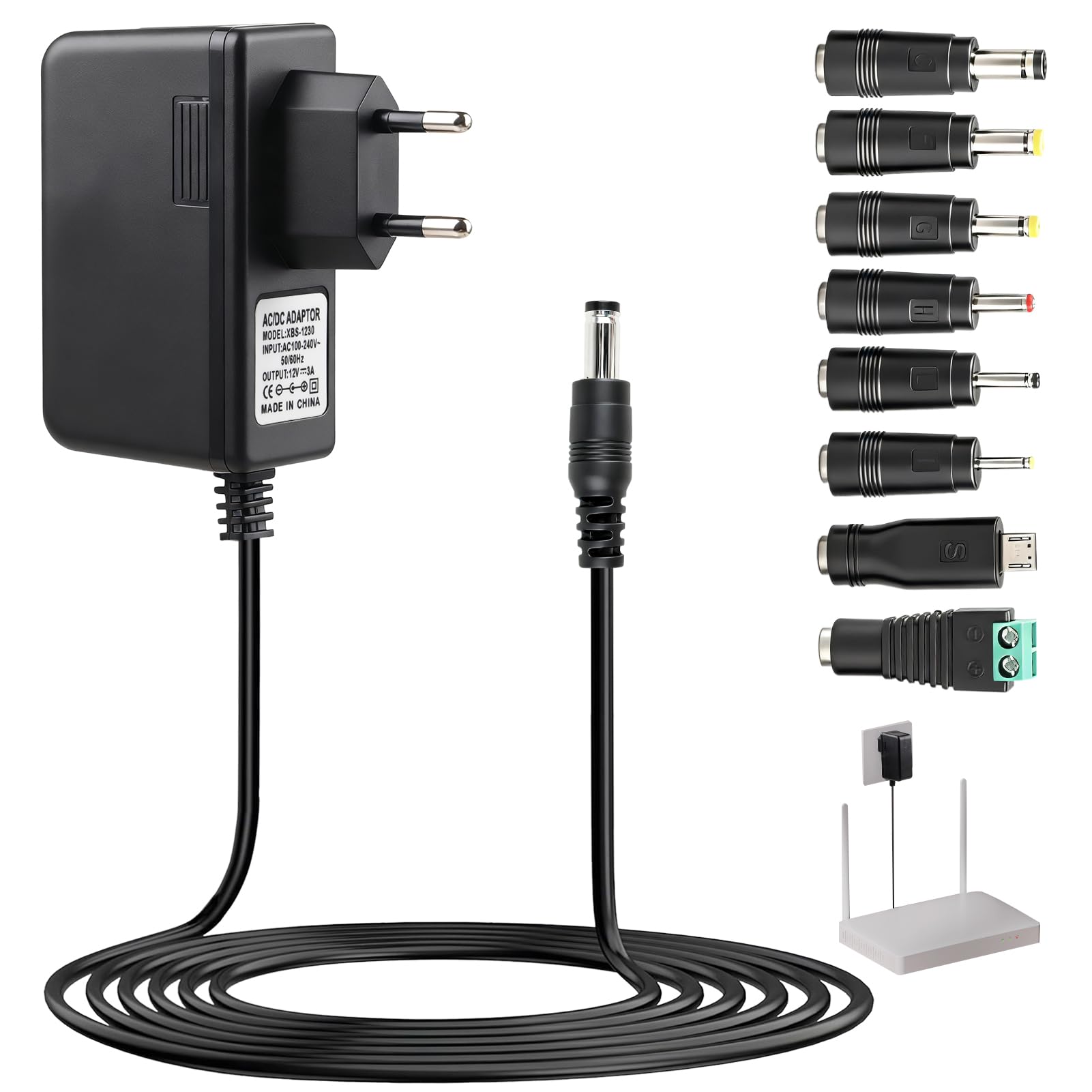 Adaptador de Alimentación 12V 3A 36W con Conector DC 5.5x2.1 mm con 8 Enchufes DC Desmontables, Cargador Universal 12V para Cámaras CCTV, Tiras LED, Router, Monitor LCD, Dispositivos Electrónicos — view 7