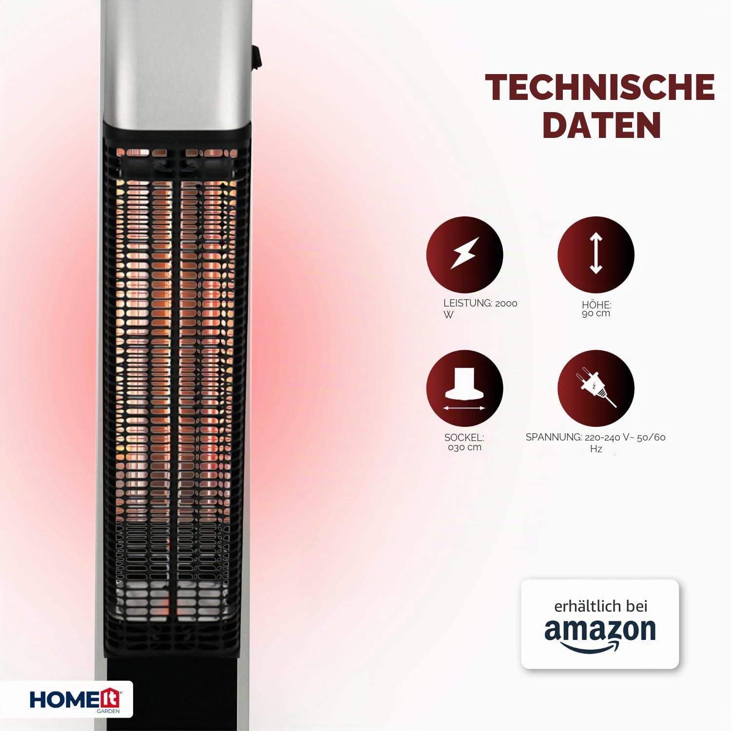 HOME It® Heizstrahler Infrarot | 1200W Infrarotstrahler Terrasse, Kompakter Terrassenheizer Elektrisch mit Carbon-Heizröhre, Spritzwassergeschützt (IP55) | Mini Standheizstrahler, Schwarz Edelstahl