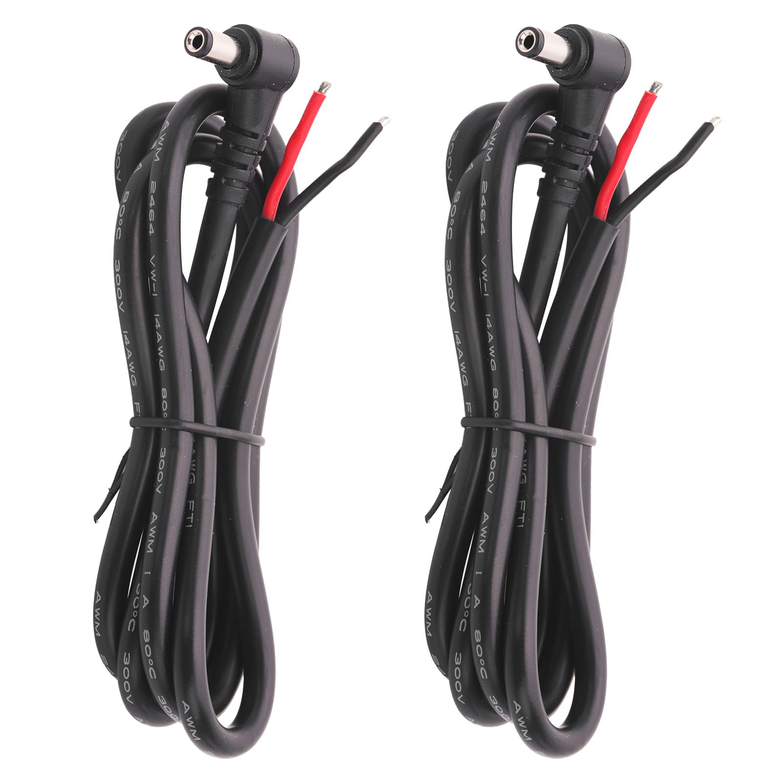 Jienk 2PCS 3FT 14AWG 15A 12V Right Angle DC Power Pigtails Cable, 5.5mm x 2.1mm Male Barrel Jack Plug to Bare Wire Open End Repair Cable for CCTV