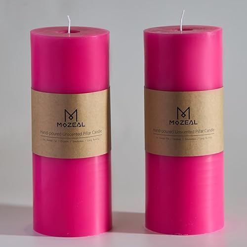MOZEAL Velas de pilar extra grandes de color rosa intenso de 4 x 10 pulgadas (juego de 2), sin perfume, sin goteo, sin humo, de larga combustión