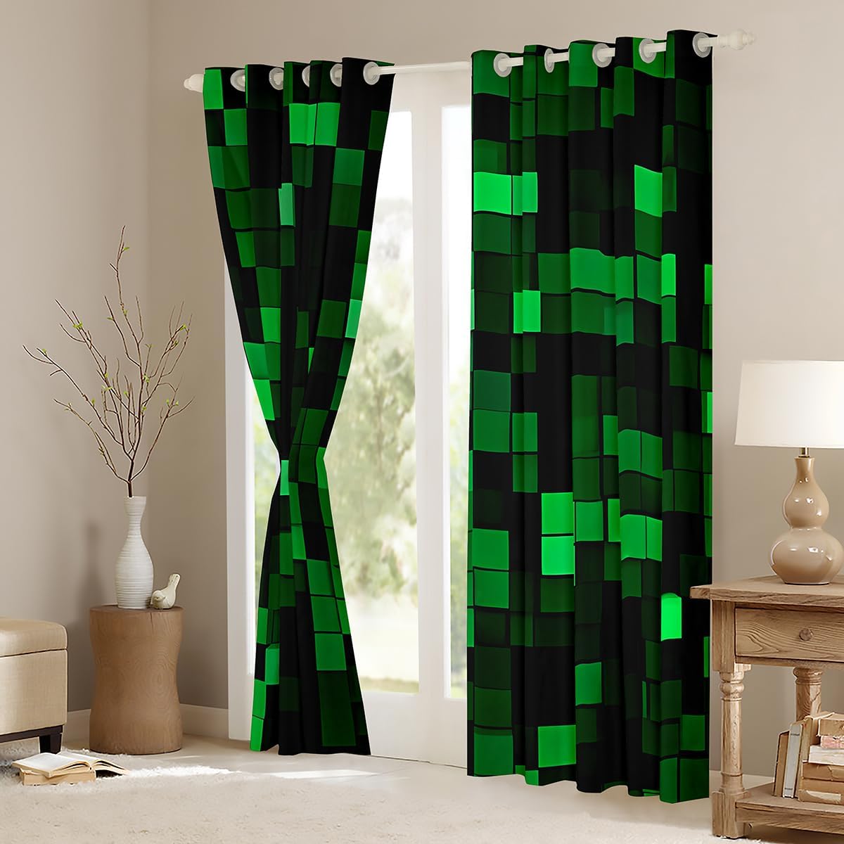 Manfei Pixelated Miners Game Window Curtains,Geometric Check Video Games Blackout Curtains,Gamepad Camo Grid Boys Girls Room Decor,Black Green 2 Panels,52Wx84L inch