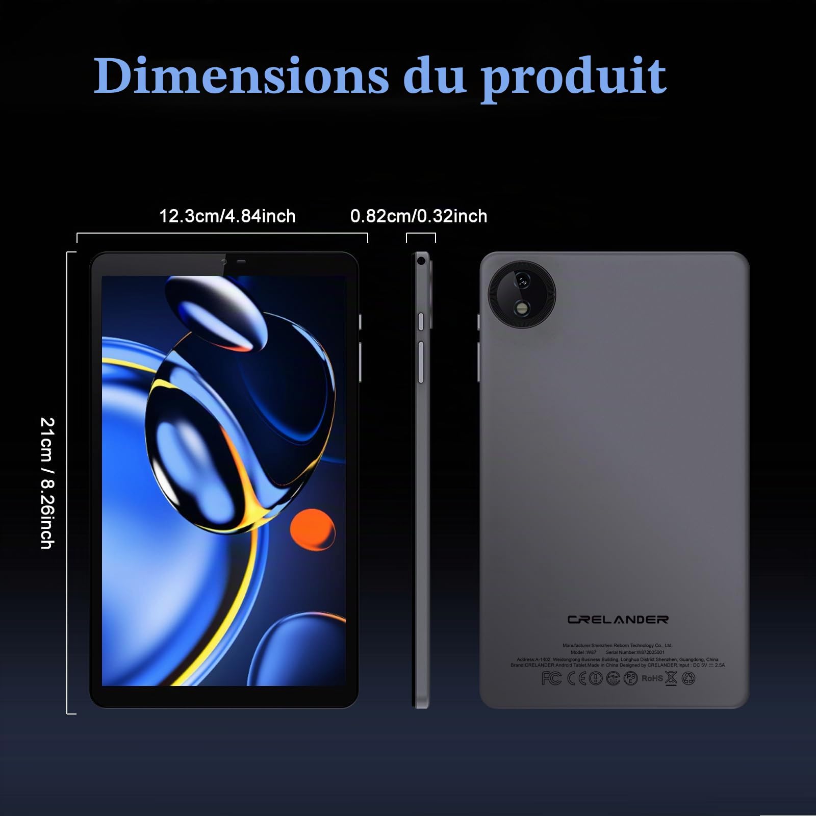 Crelander tablette Android de 8,7 pouces 16 (3+3+10) GB+128 GB Android avec écran HD IPS 1340x800, 5MP+13MP, batterie 5000mAh, Bluetooth/WiFi, petite tablette Android avec étui (version mise à jour)