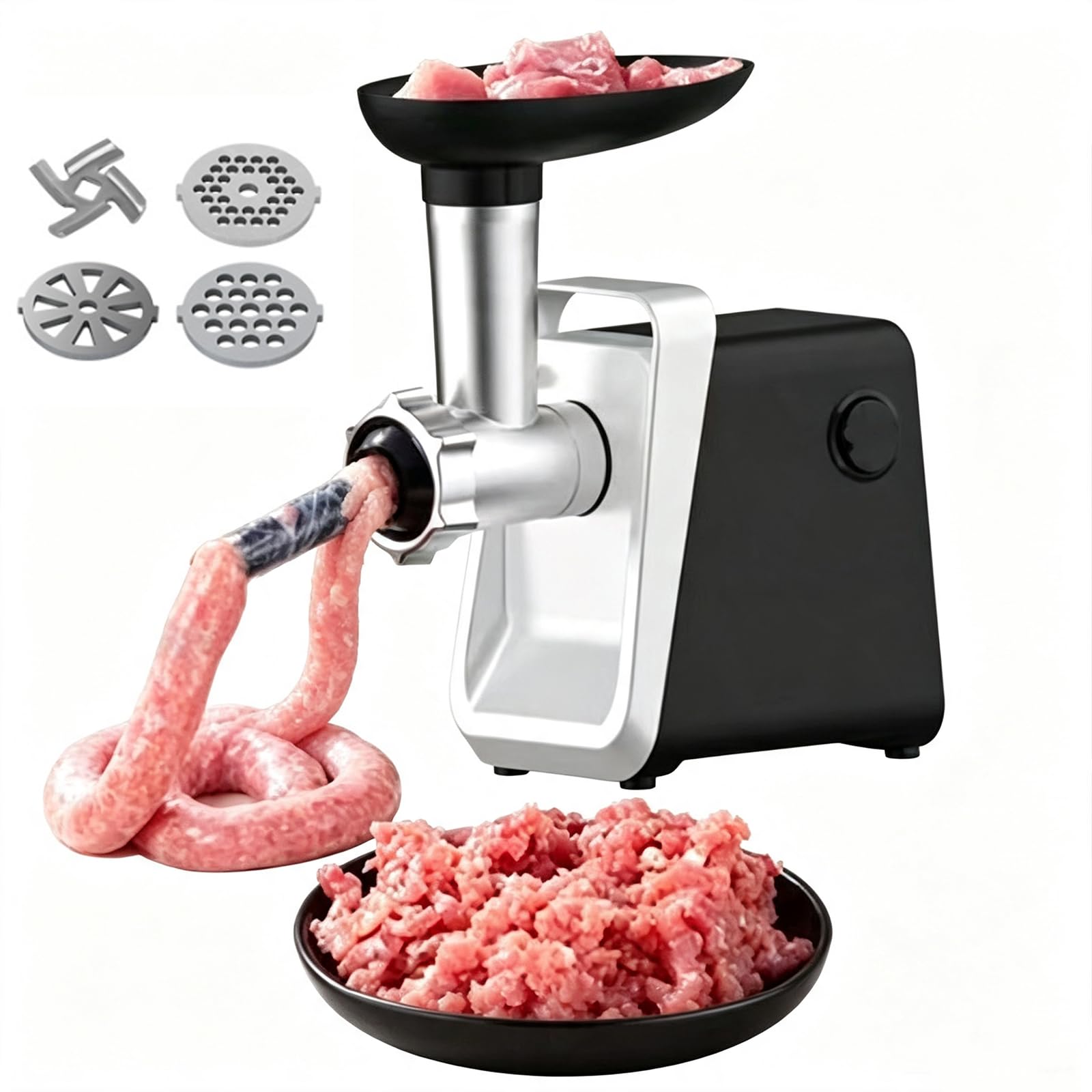 Molino de Carne Eléctrico de Acero Inoxidable con Salchichas y Accesorios | 3 placas de corte, anti-atasco hacia adelante y hacia atrás, partes desmontables y lavables, uso múltiple para procesamiento