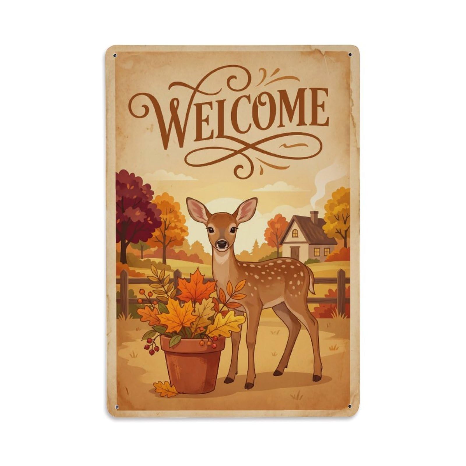 Cxhjca 8X12inch(20X30cm) Vintage Welcome Fawn Country Living Metal Tin Sign