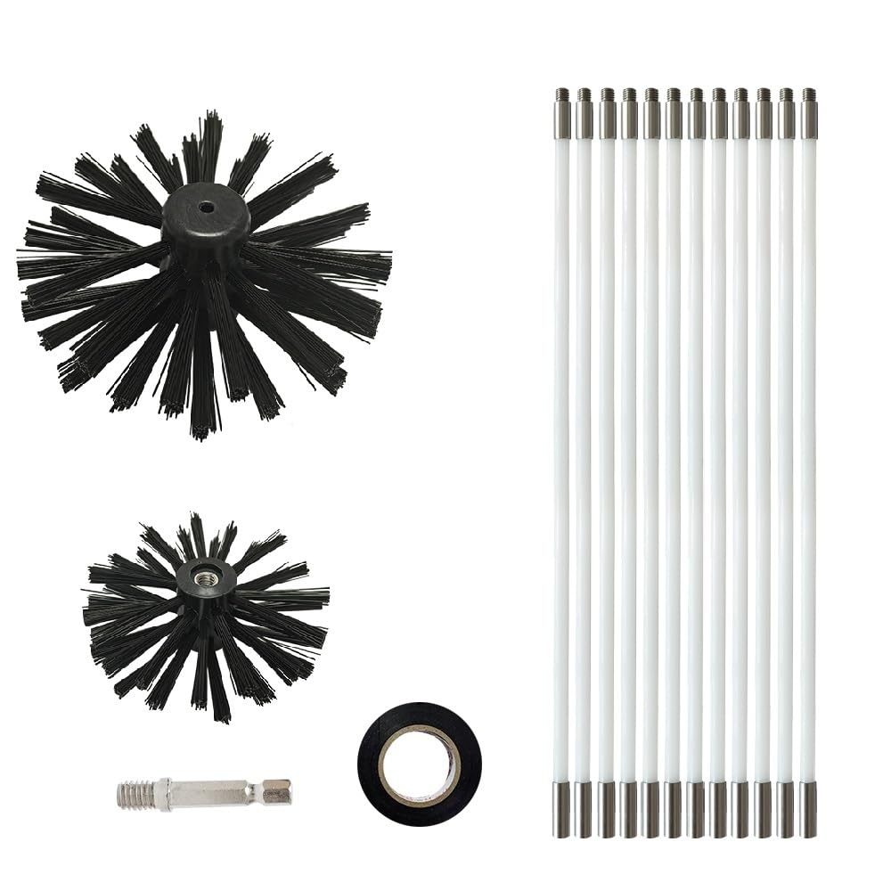 Cepillo de chimenea de hasta 4,8 m, kit de limpieza de ventilación en seco, cabezal de cepillo de 100/150 mm, 410 mm de largo, barra flexible, para diferentes chimeneas, tubos, cepillos de limpieza
