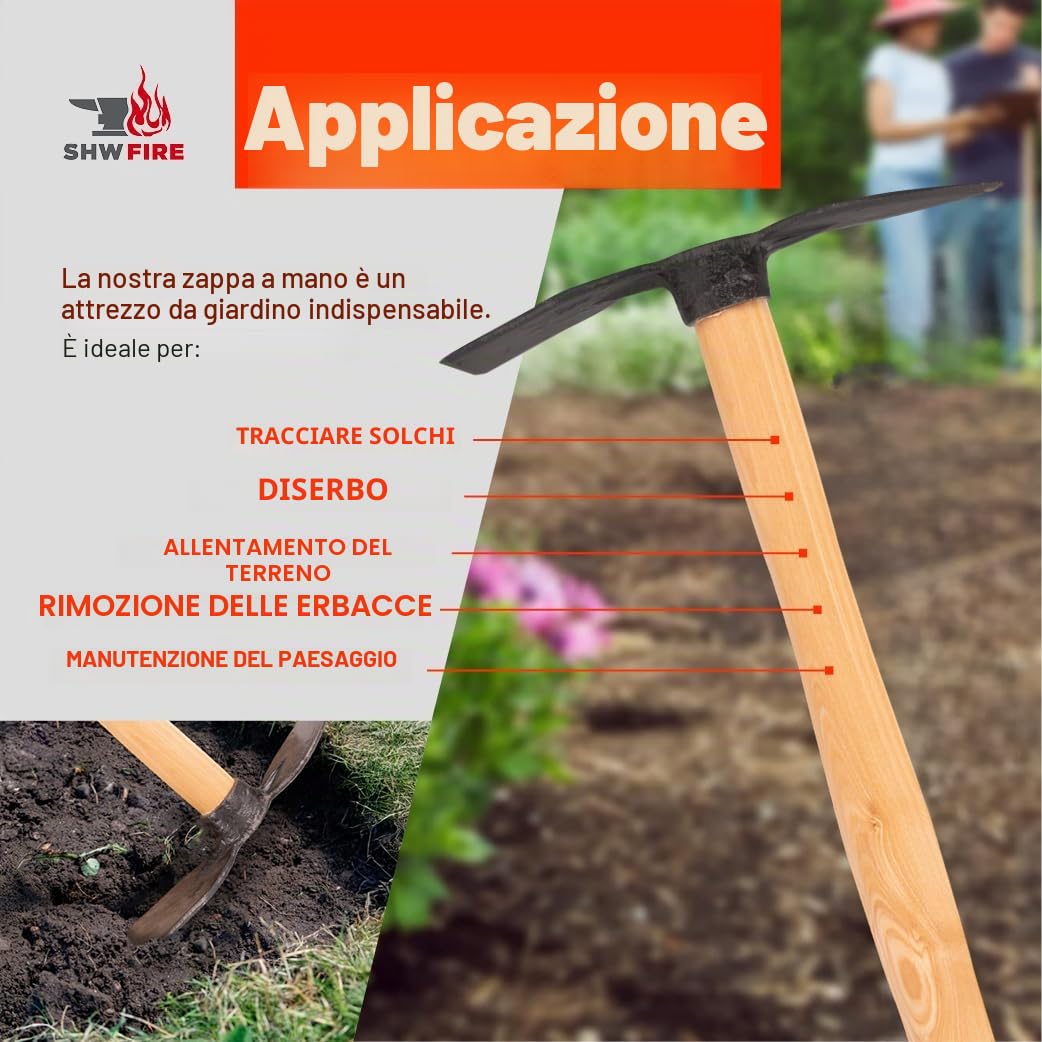 SHW-FIRE - Zappa forgiata stabile per giardino, lama larga e cuore, manico ergonomico corto 40 cm