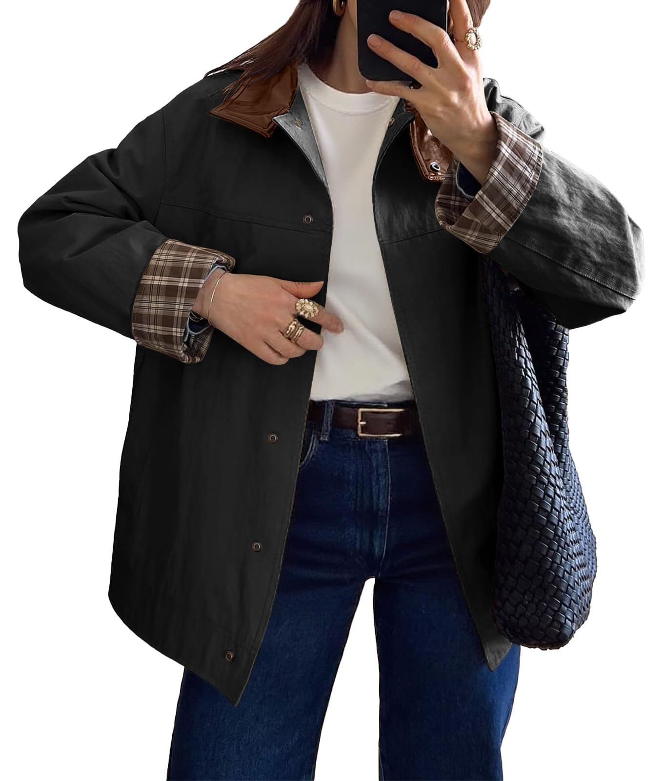 Tankaneo Womens Trench Coat Oversized Fall Barn Jacket Leather Collar Plaid Color Block Windproof Overcoat