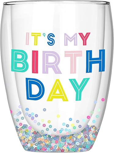 Miniatura 7 de Slant Collections Regalos de cumpleaños, copa de vino acrílica sin tallo, doble pared, con confeti, 10 onzas, rosa/amarillo/azul Rosa, amarillo,
