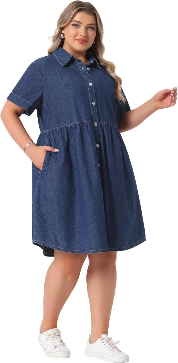 Agnes Orinda Denim Dress for Women Plus Size Button Down Babydoll Sundress Jean Dress with Pockets 2026 Vacation - Image 3