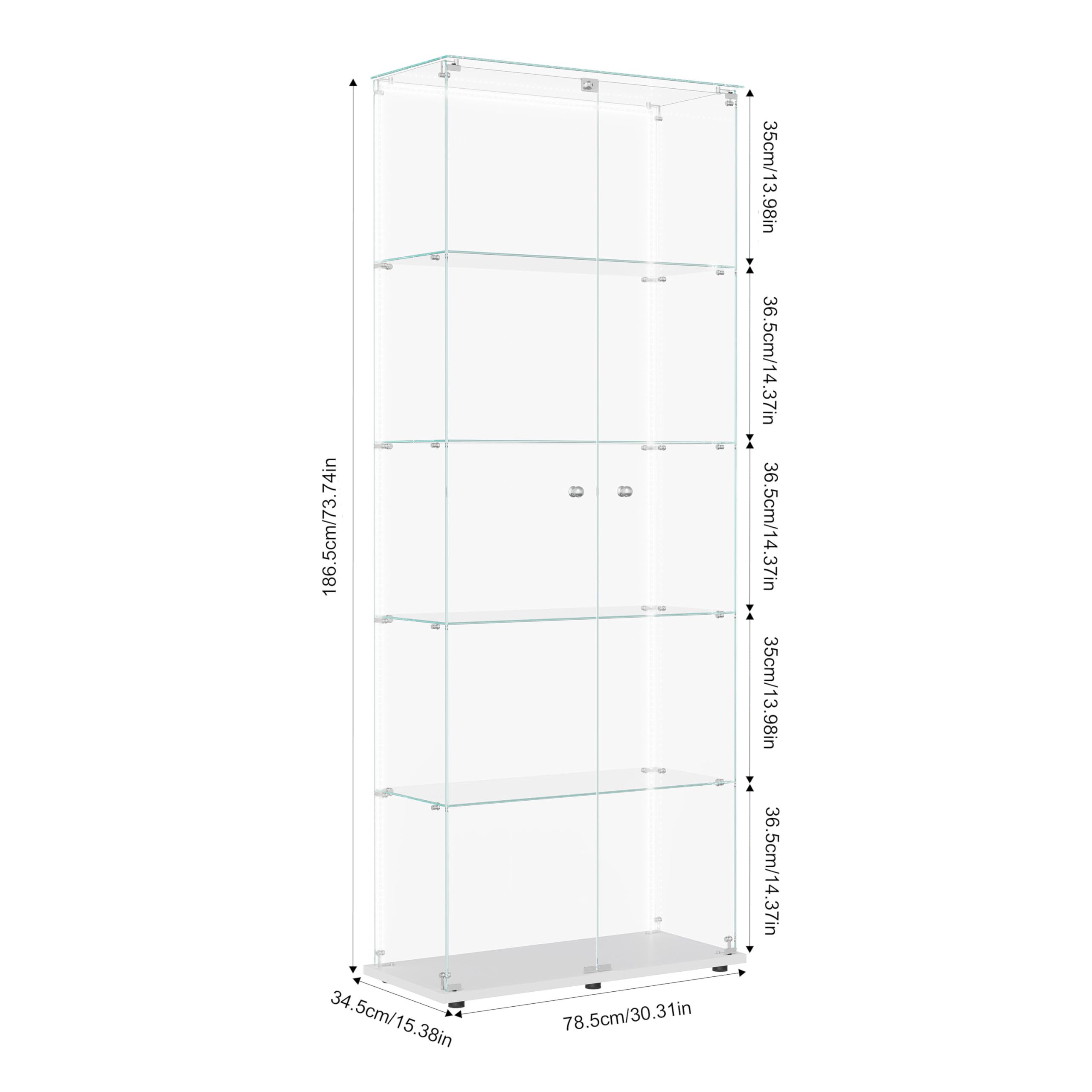 Vitrina de Cristal Expositor con LED y Cerradura, Vitrinas de pie de Cristal con 5 Estantes Ajustables y 2 Puertas, Armario Vitrina Moderne para Colección Armario de Pie de Cristal(Blanco,81x37x183)