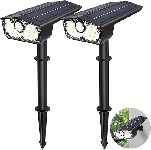 DAONEG Focos solares brillantes para exteriores, paquete de 2 sensores de movimiento, estilo moderno, negro, impermeable, 250 lúmenes, LED,