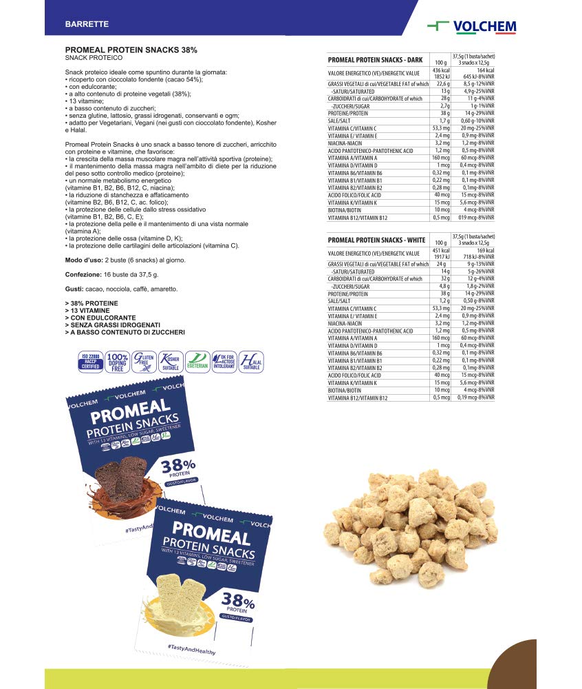 Volchem Promeal Protein Snacks 38, Snack Proteico al 38% di Proteine, con Vitamine, Senza Grassi Idrogenati, Conservanti e con Pochi Zuccheri (Cookie)