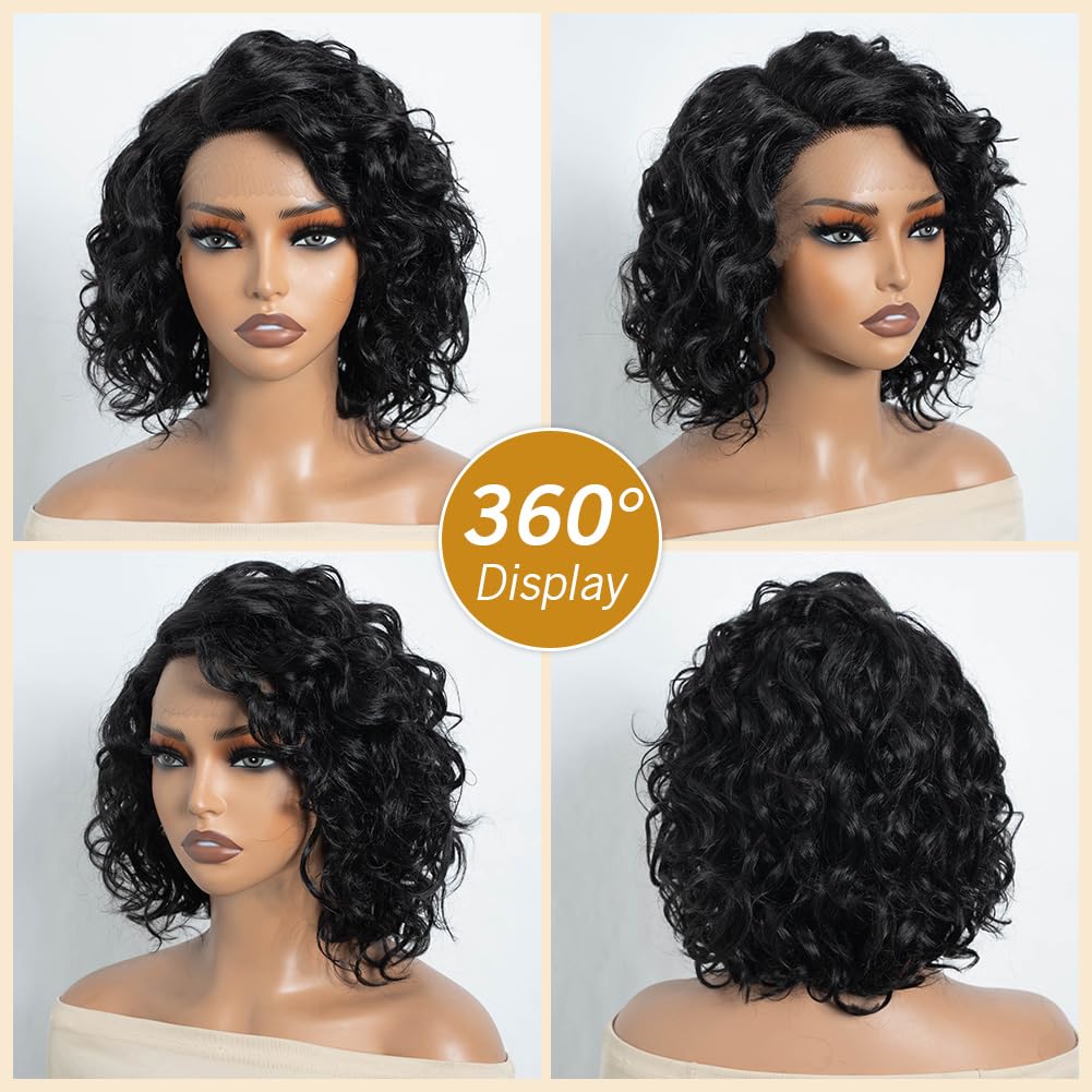 Lockige Echthaar Perücke Damen Curly Human Hair Wigs C Parted HD Lace Front Short Water Wave Bob Wig Side Part 150% Density (1B, 12 INCH)