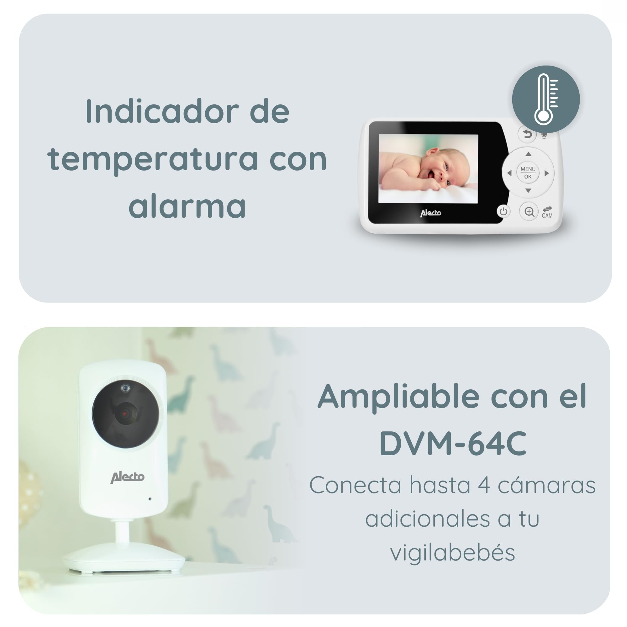 Alecto DVM-64 - Monitor inalámbrico para bebés (100% libre de interferencias y privado) con cámara de vídeo giratoria, visión nocturna, función de intercomunicación, alto alcance, color blanco