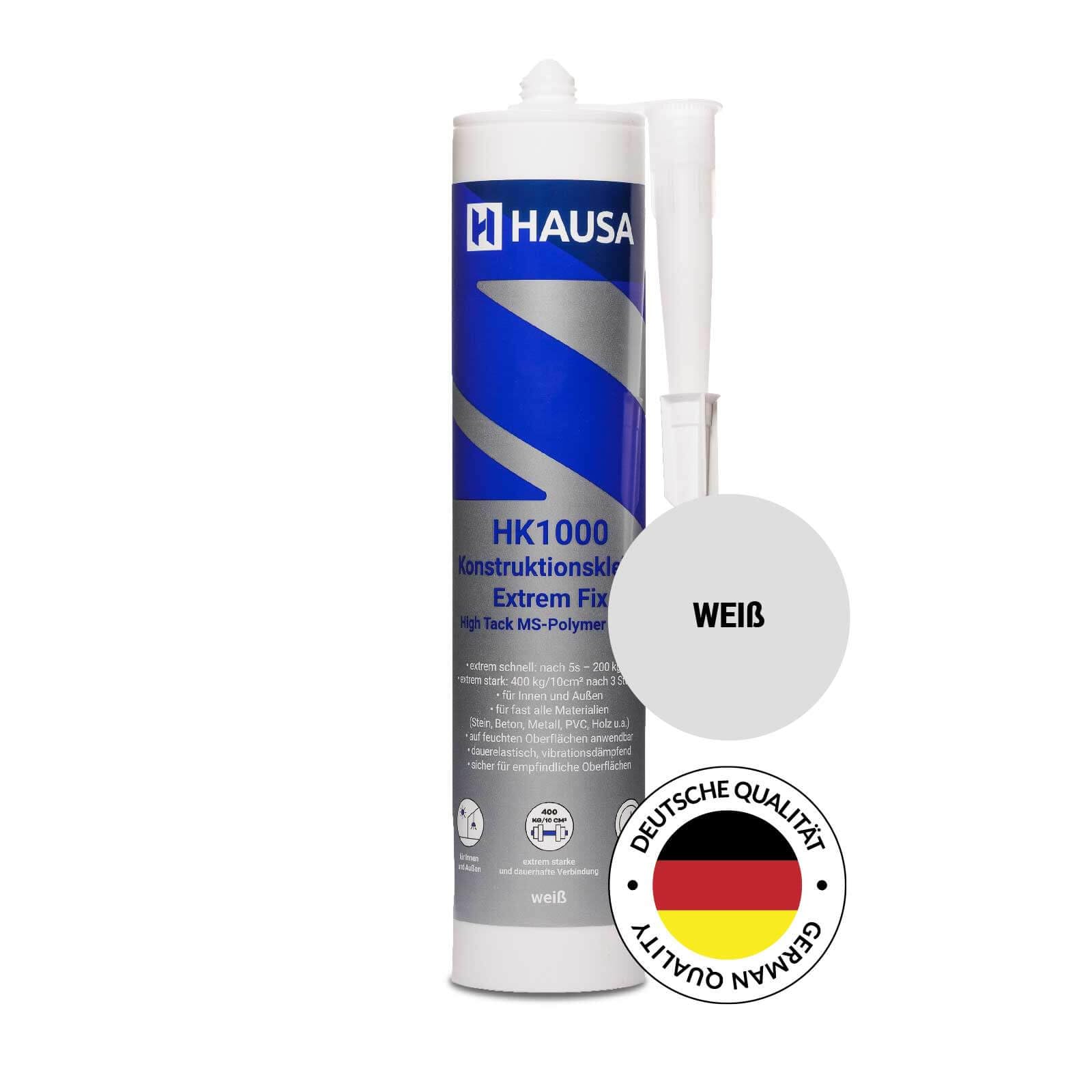 HAUSA Colle de construction HK1000 Extrem Fix Extrêmement forte et rapide Colle de montage professionnelle pour tout intérieur et extérieur Montage simple solide et rapide 6x 290ml Blanc