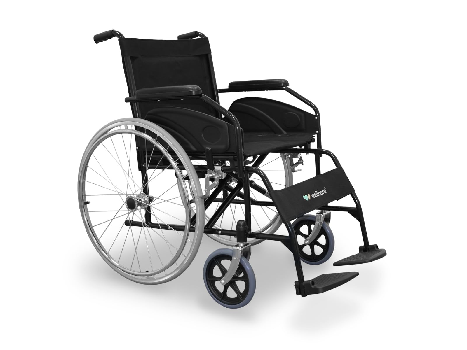 WELLCORE Silla de ruedas plegable para traslado, Estructura de acero, Ligera y Compacta, Ruedas macizas, Frenos de maneta, Respaldo abatible, Ancho asiento 46 cm, Hasta 100 kg