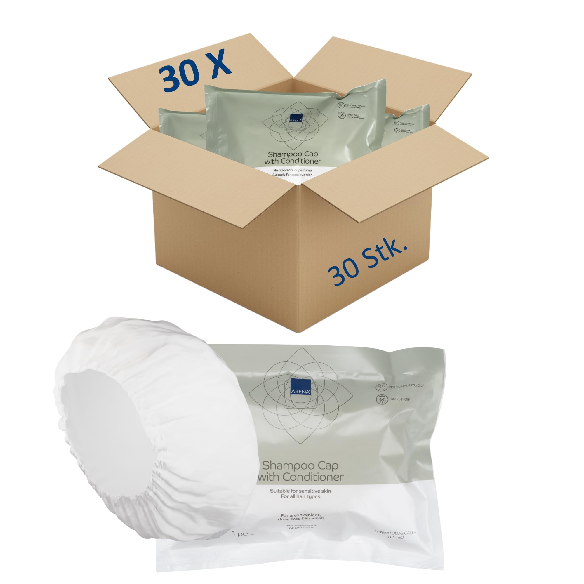 ABENA Shampoo Haube 30er Pack – Duschhaube mit Conditioner, sanfte Waschhaube ohne Wasser, praktische Haarwaschhauben für Bettlägerige, Shampoo Cap für empfindliche Kopfhaut, als Duschhaube Damen