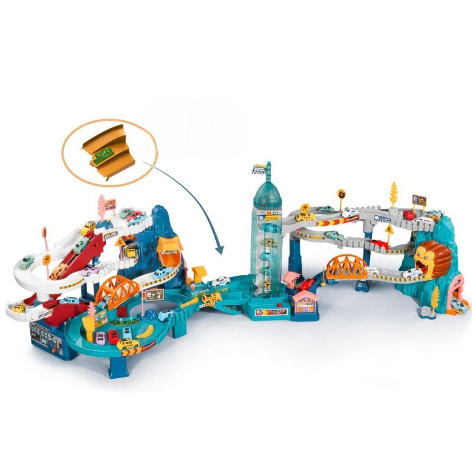 Harilla Playset Pista da Corsa con Interattivi da Interno Veicoli Set di Costruzione Pista Rampa per Giocattolo per Bambini, Dinosauro