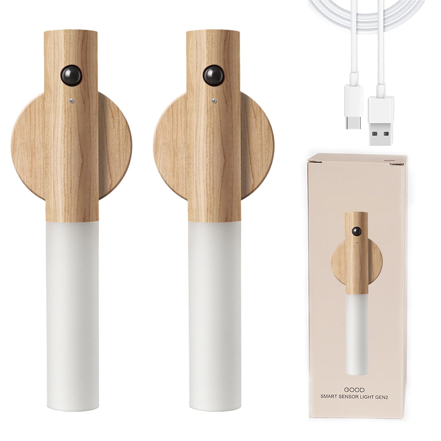 BURNTOP Motion Sensor Night Light Portable Battery Lamp Removable Magnetic Wireless Wall Lights Indoor Rechargeable Wall Lamp Bedroom Corridor Staircase Automatic Sensing Lamp(White Ash Wood 2PS)