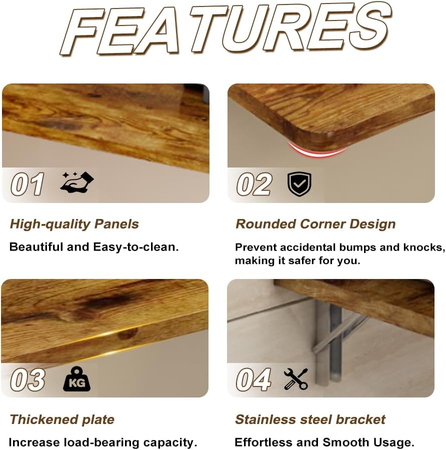 Rustic Wall Mounted Folding Table, Solid Wood Floating Shelf with Stainless Steel Brackets, Space Saving Desk for Home Office, Kitchen, Dining, Bar, Laundry Room