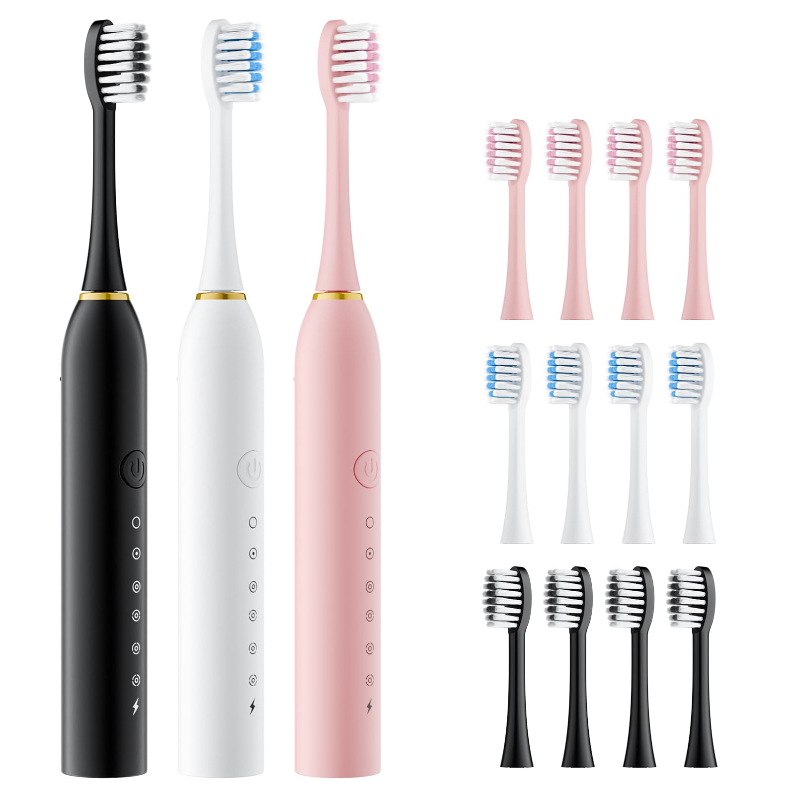 Dnil Dnil 3 Pack Sonic Electric Toothbrush Set with 42,000 VPM High-Frequency Vibrations, 6 Brushing Modes & Smart Timer, 12 Replacement Brush Heads for Deep Cleaning and Gum Care【Black+White+Pink】