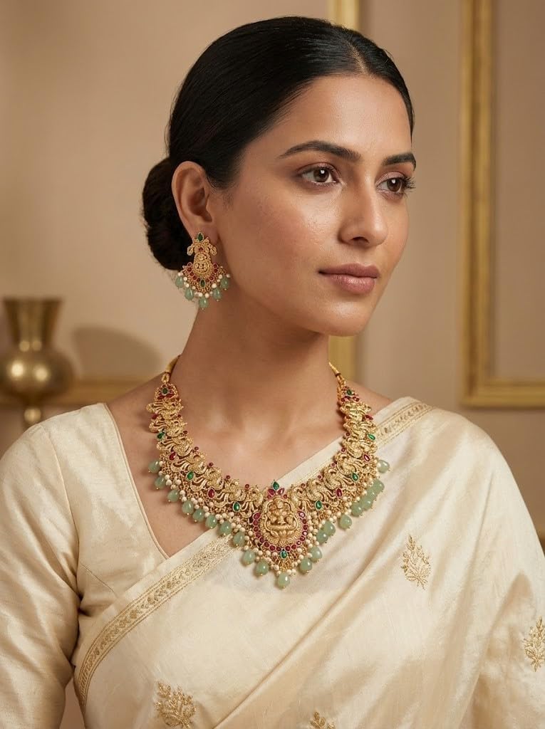 Temple Jewelry Necklace Set for Women – Gold Plated Goddess Lakshmi Design Statement Necklace with Matching Earrings, Green & Red Stones, Traditional Indian Bridal Wedding Jewelry
