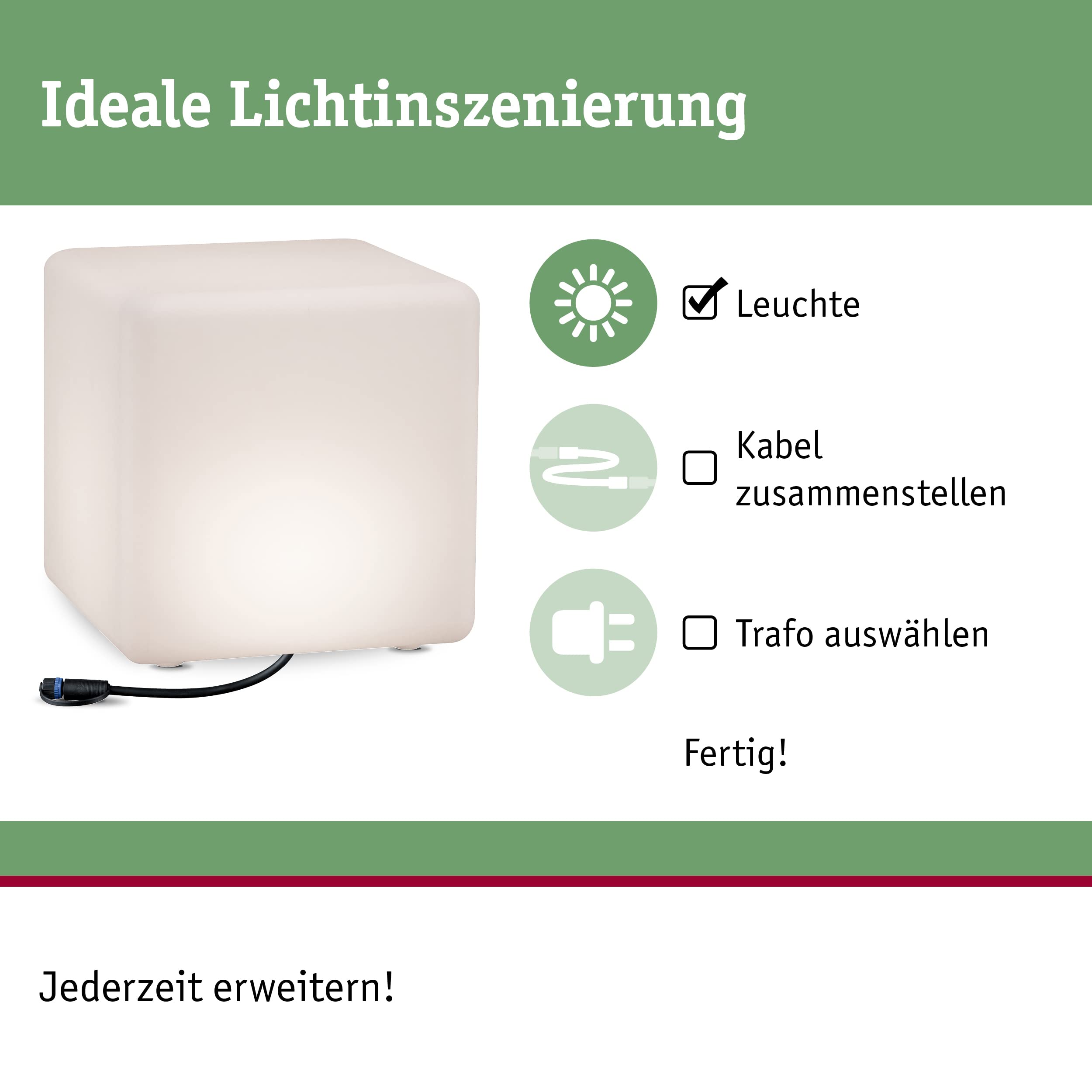 Paulmann 941.81 Objeto luminoso exterior Plug & Shine Cube IP67 3000 K 575 lm 24 V, luminaria con forma de cubo, cubo decorativo, luminaria exterior, iluminación para la terraza 94181
