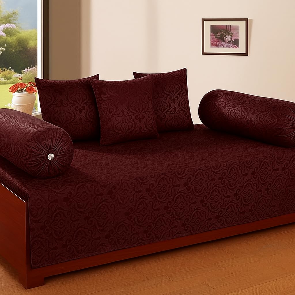 Home Stylish Premium Velvet Diwan Sets - 1 Bedsheets Sheet,2pc Bolster Cover 3pc Cushion Covers Sets of 6 Pieces (Coffee)-picture-13