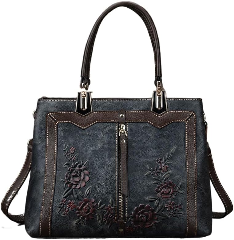 Genuine Leather Satchel for Women Top Handle Vintage Embossed Crossbody Hobo Bag Purse Handbag