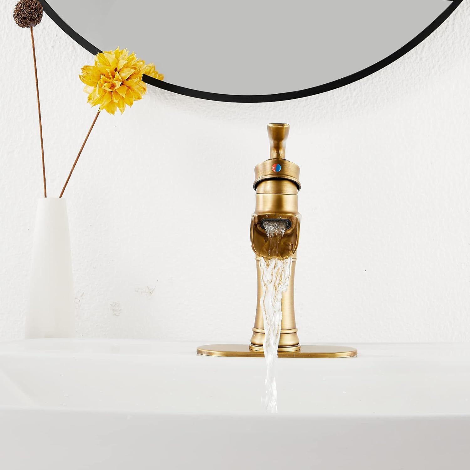 Waterfall Bathroom Faucet Antique Brass GGStudy Single Handle One Hole Farmhouse Bathroom Vanity Faucet Basin Mixter Tap Deck Mount with Drain Assembly