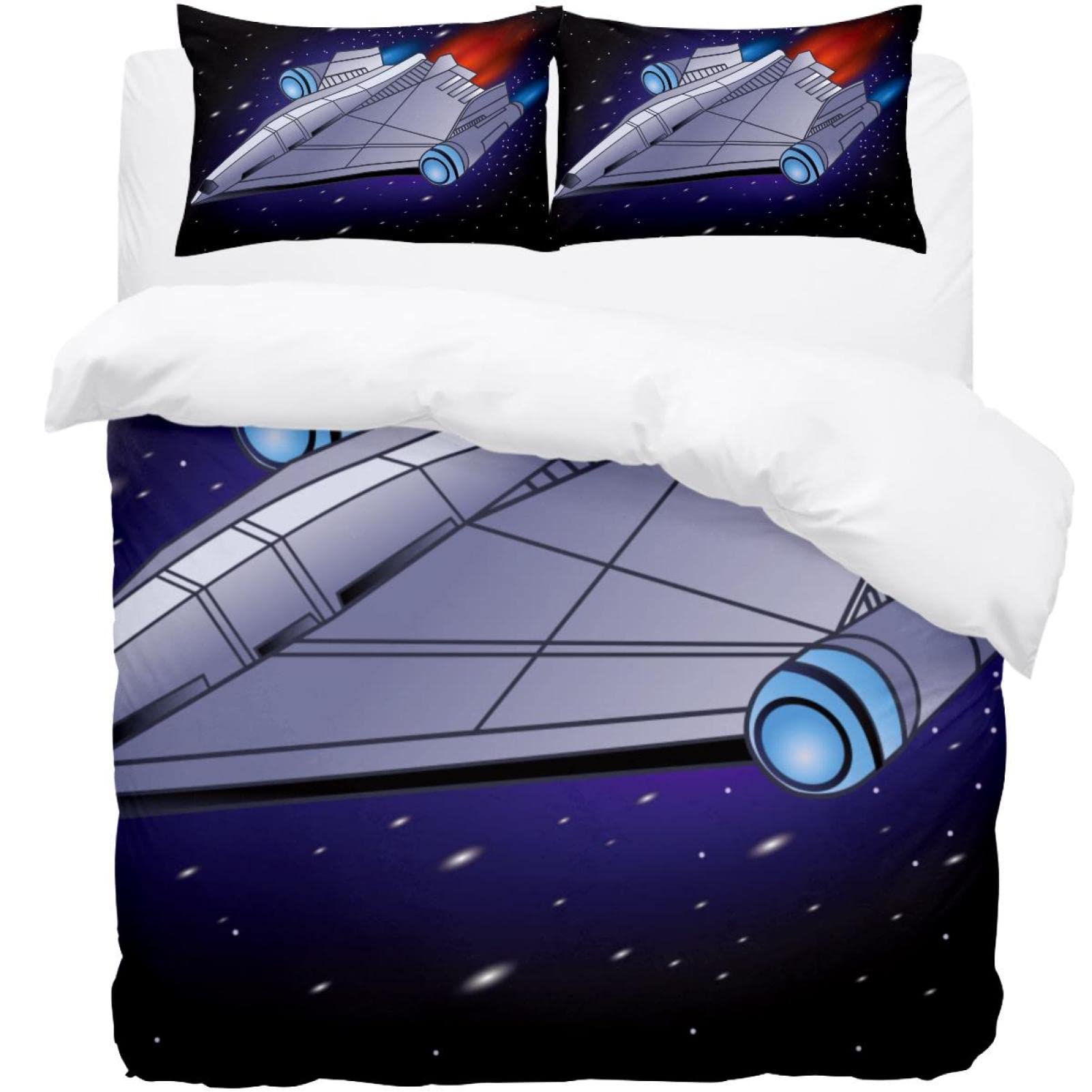 Housse de couette vaisseau spatial et 2 taies d'oreiller pour lit double et Queen