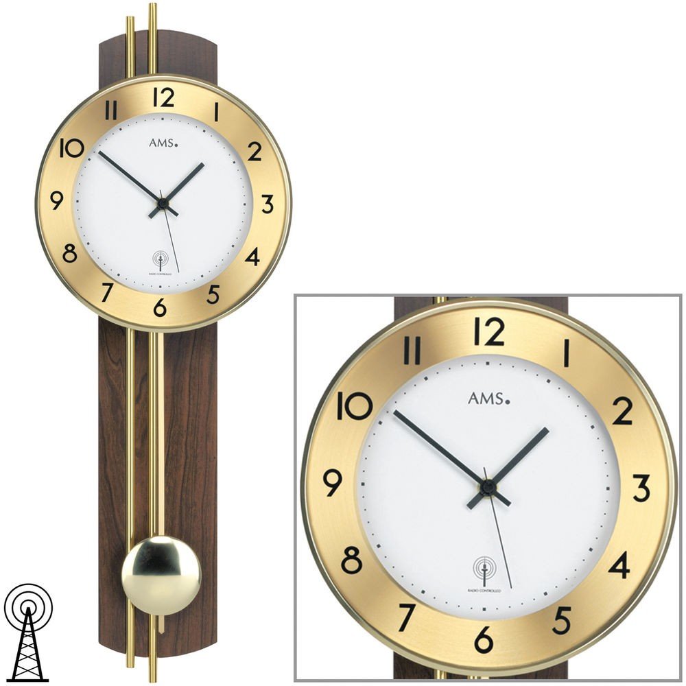 Wanduhr mit Pendel Funk Holzrückwand Nussbaum furniert Messingstäbe