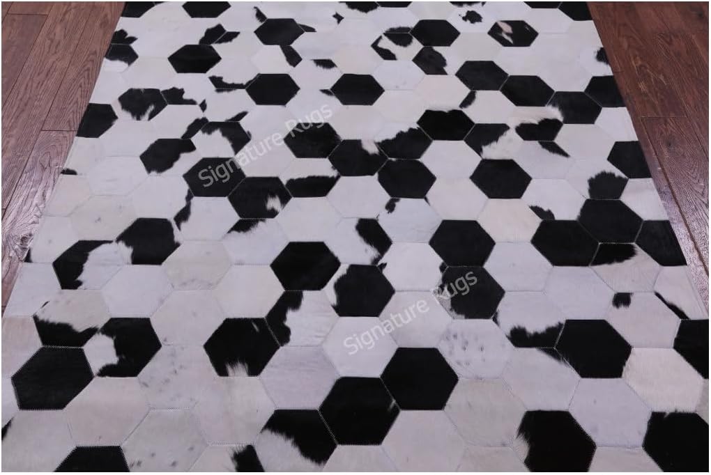 Handmade Premium Cowhide Leather Area Rug, Gray and Ivory Geometric Hexagon Pattern Carpet (Ivory/Black/White, 9'6"x14'0)