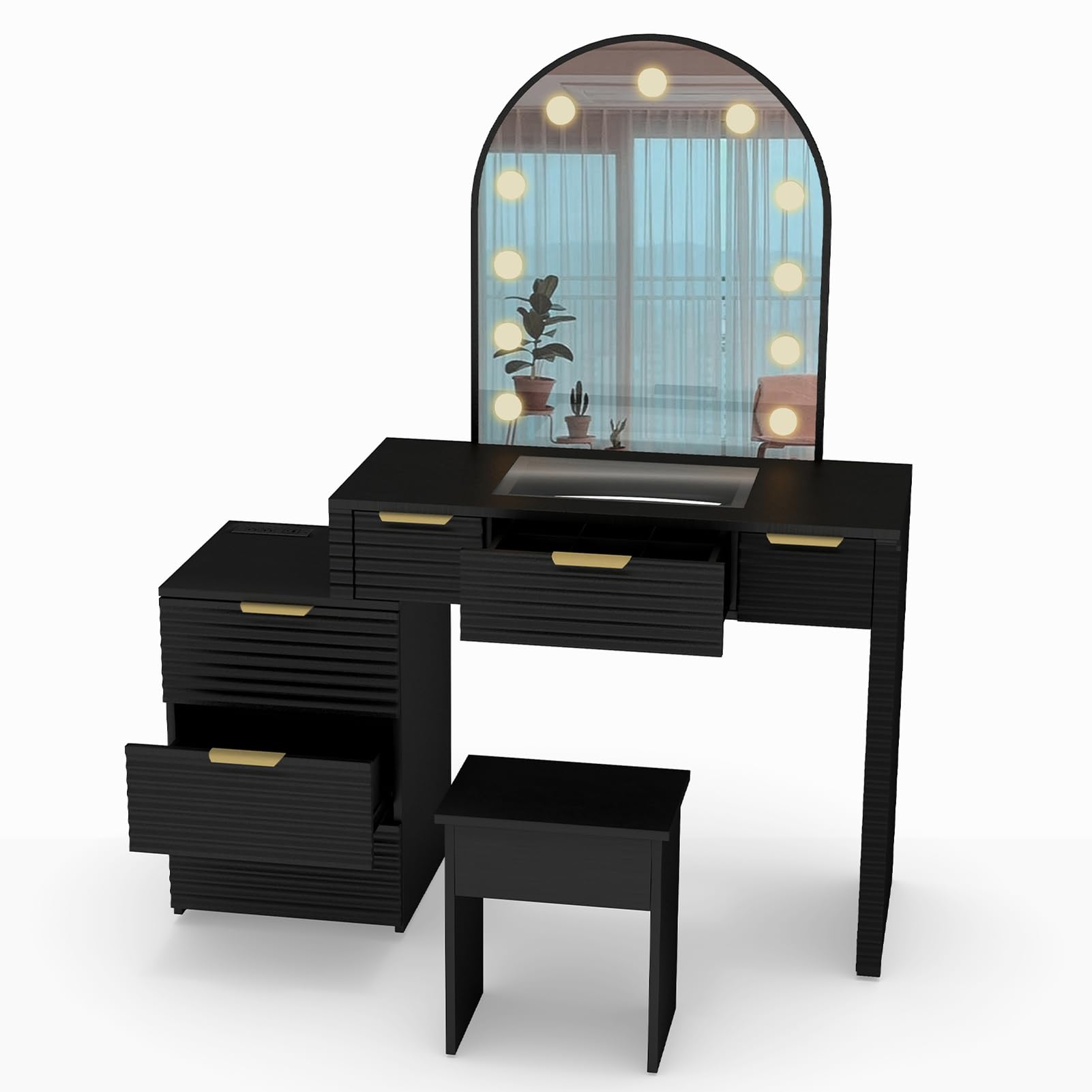 LIZEALUCKY Modern Makeup Vanity Desk with LED Mirror Lights, Glass Top Vanity Table with Storage Drawers for Bedroom, Black Finish