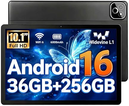 2026 Android 16 Tablet, 36GB RAM 256GB ROM 1TB Expand, 6000mAh Battery, HD IPS 10 inch Tablet, BT5.4 WiFi 6, 5+8MP Dual Camera, Face Unlock, Black