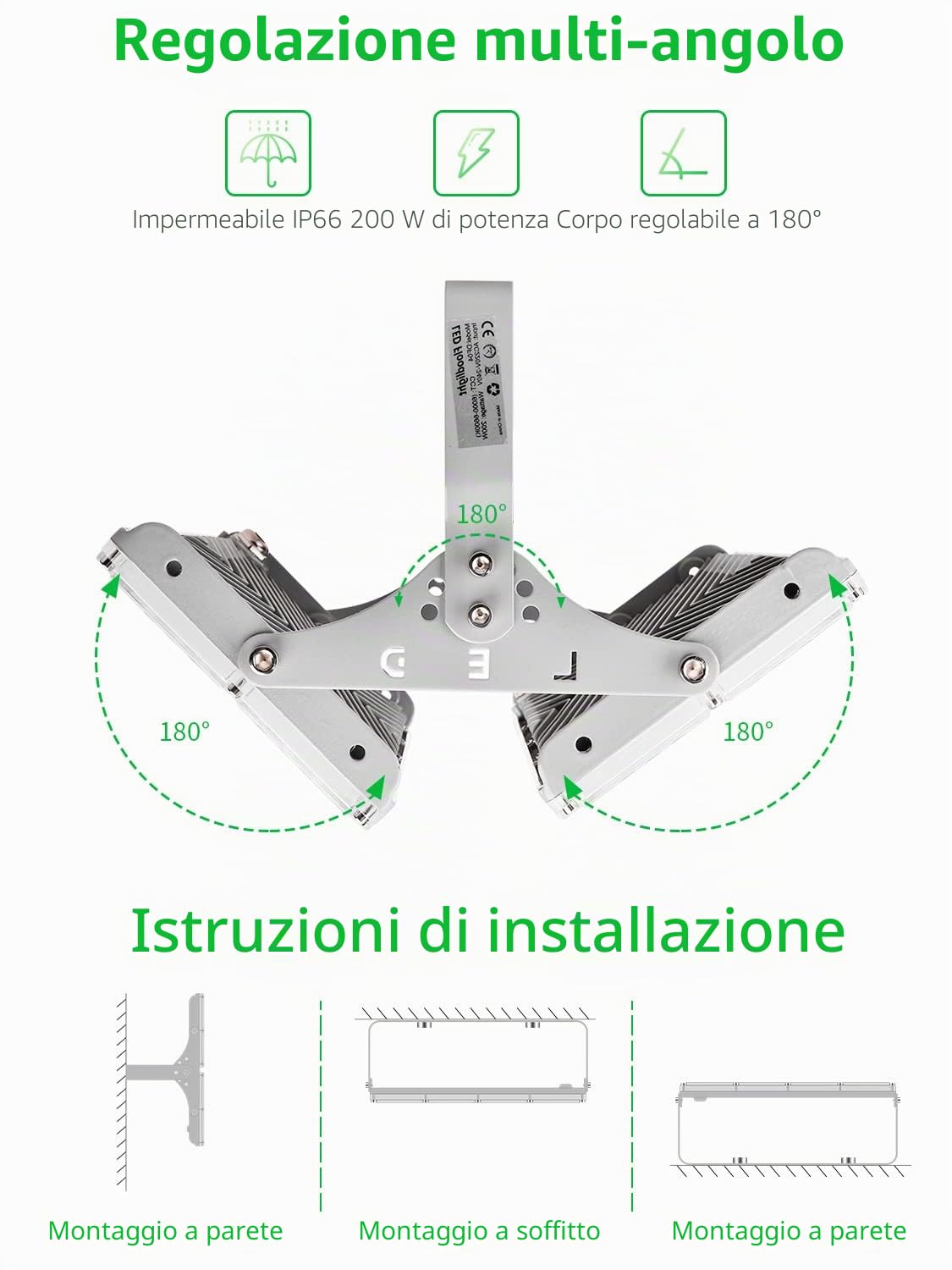 Viugreum Faretto LED da Esterno 200W, IP66 Resistente all'acqua, Luce di Sicurezza 20000LM, 6500K Bianco Freddo, Super Luminoso per Giardino